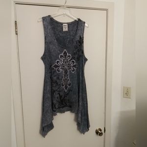 Vocal, long asymmetrical hem, boho bling cross, tank top, grey distressed